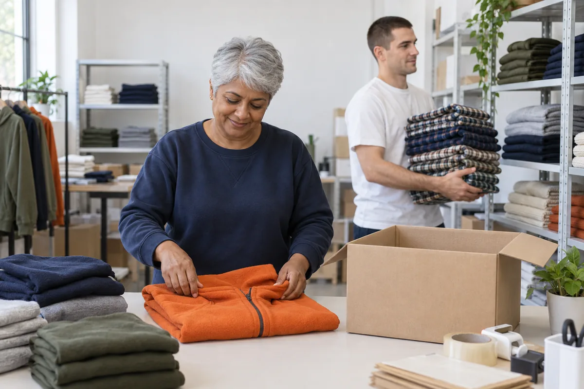 A woman folding an orange fleece jacket beside an open cardboard box while a man carries a stack of folded shirts in a stockroom