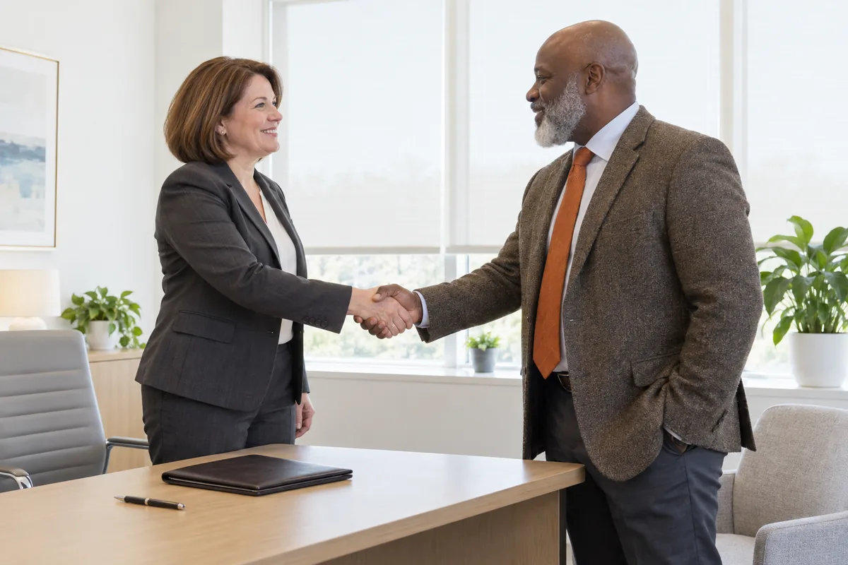 A loan officer in a grey suit shaking hands with a man in a tweed blazer and an orange necktie beside a desk in a bright office