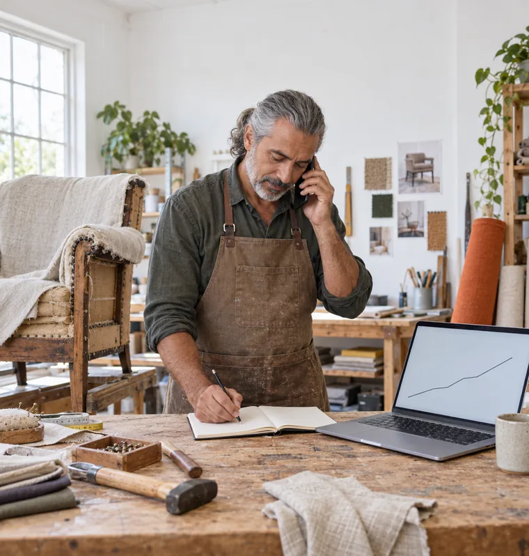 An upholsterer in a canvas apron answering a phone and writing in a notebook beside a laptop showing a simple rising line