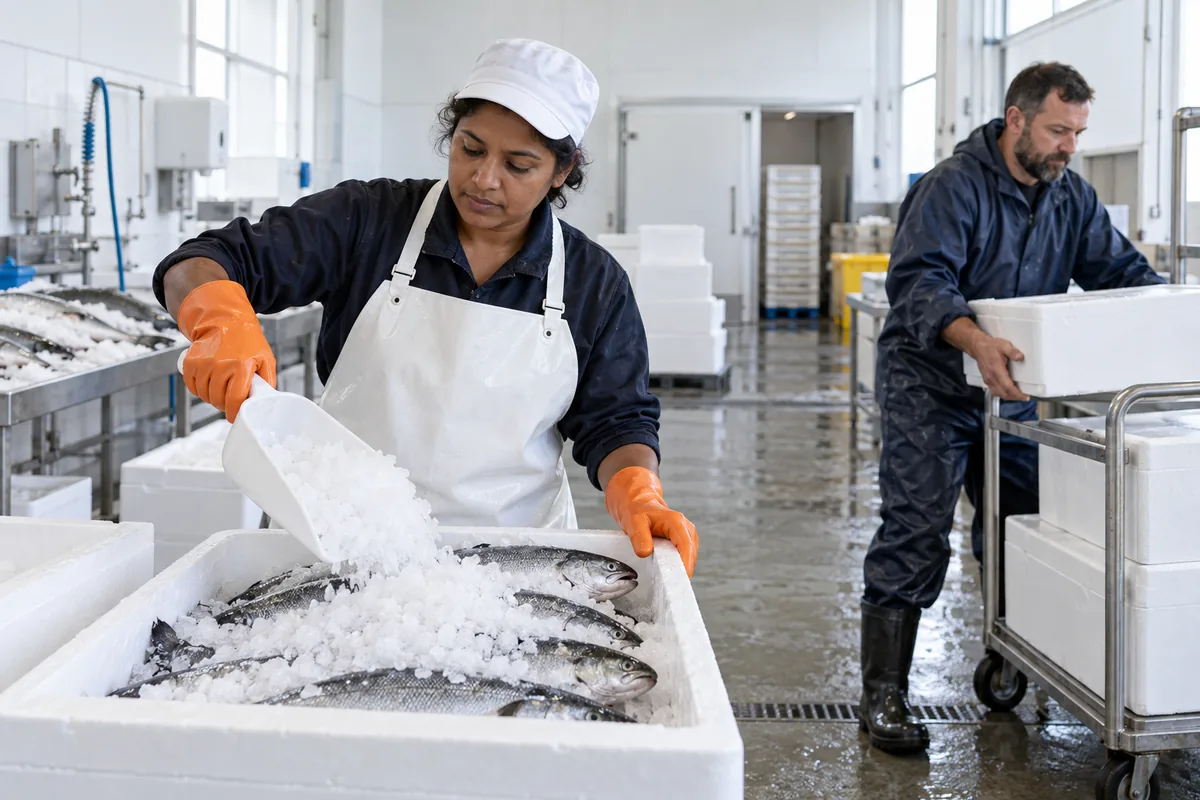 A woman in orange rubber gloves shovelling ice over whole fish in a white insulated box while a man lifts a sealed box onto a cart