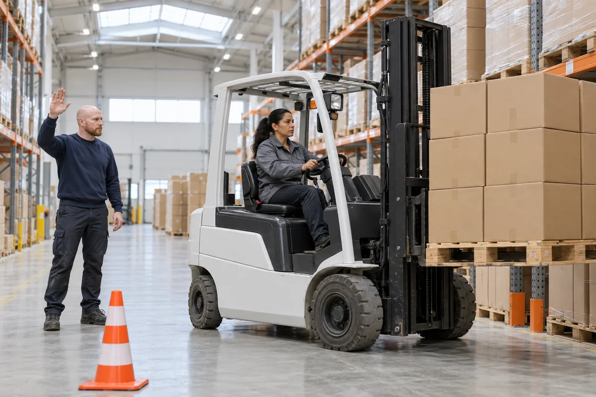 A woman driving a white forklift lifting a pallet of cardboard boxes while a man signals with a raised hand in a warehouse aisle
