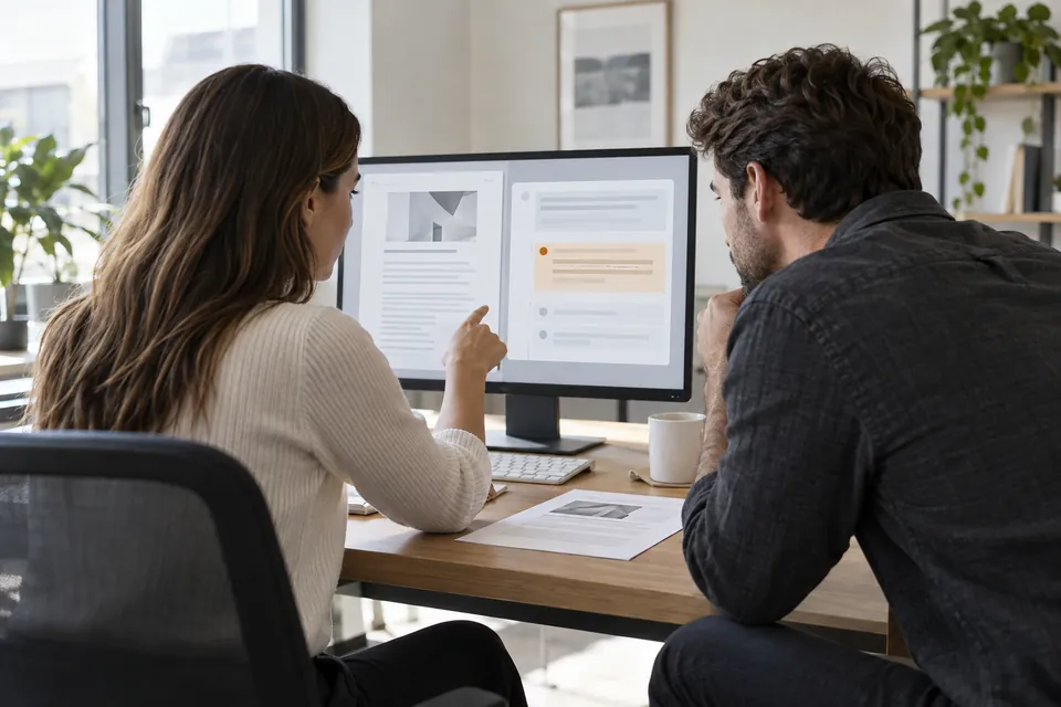 AI-generated illustration of two colleagues reviewing an AI answer and its source document.