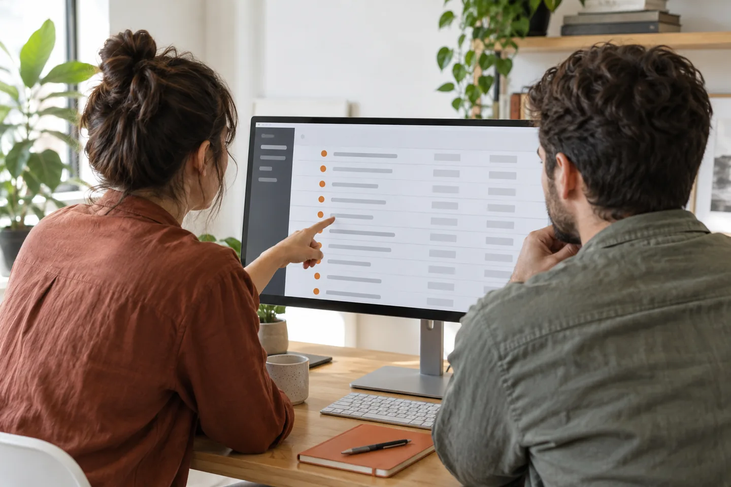 Illustrative developers reviewing a website crawl on a monitor