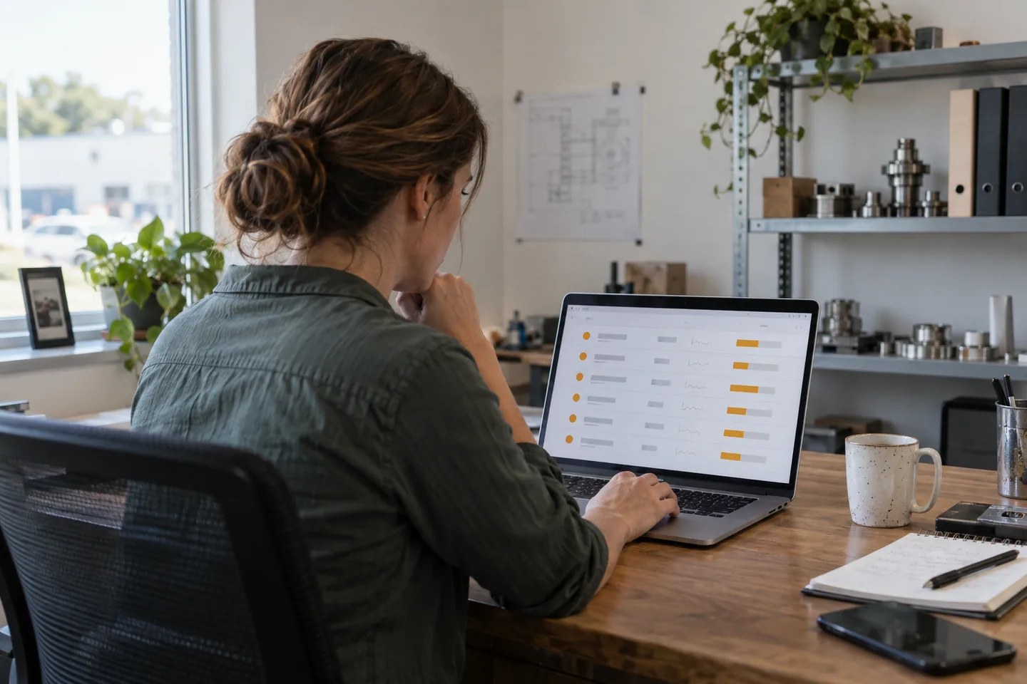 Illustrative operations manager checking website updates on a laptop