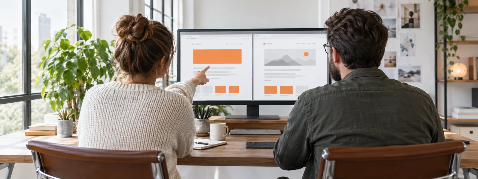 Illustrative developers reviewing staging and live website layouts together