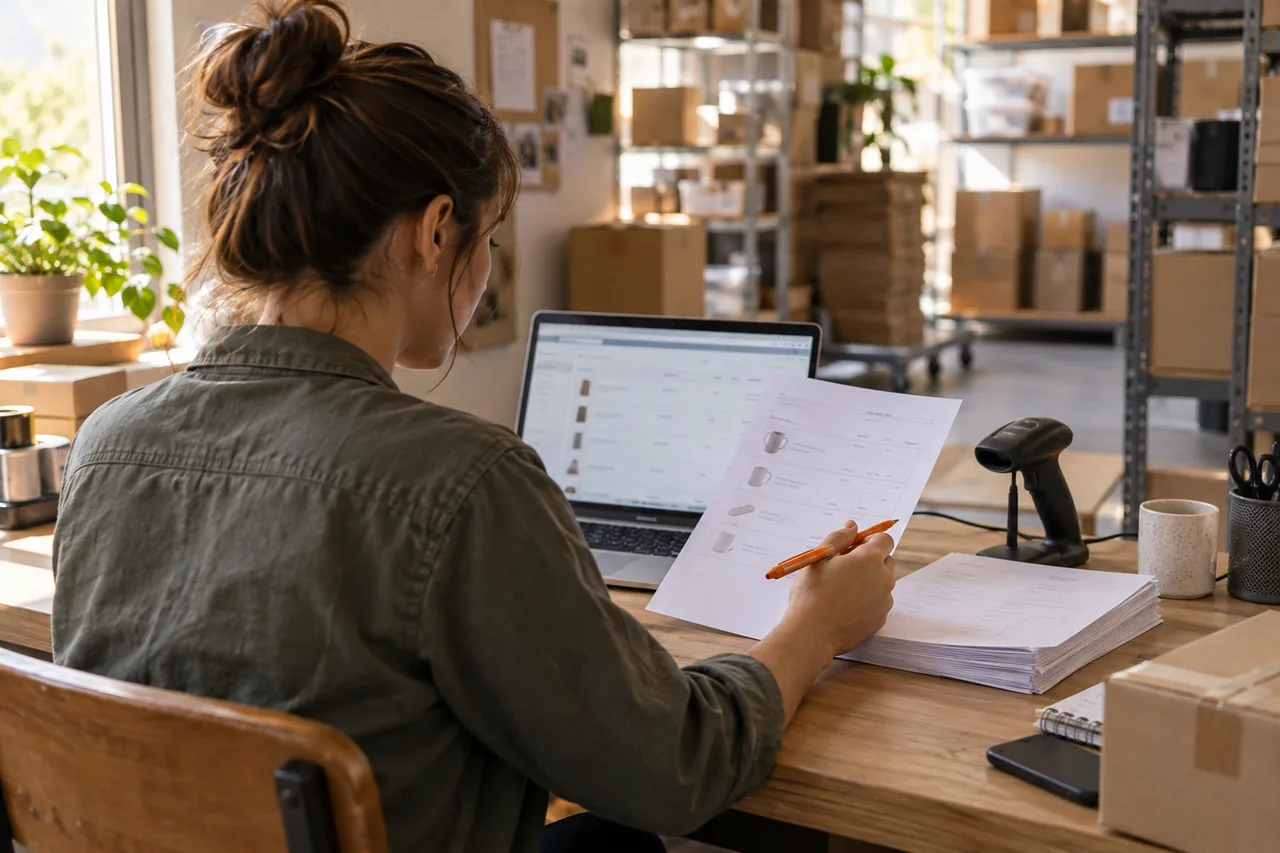 Illustrative generated scene of a merchant reviewing draft orders on a laptop in a stockroom; not a FactoryJet client photograph