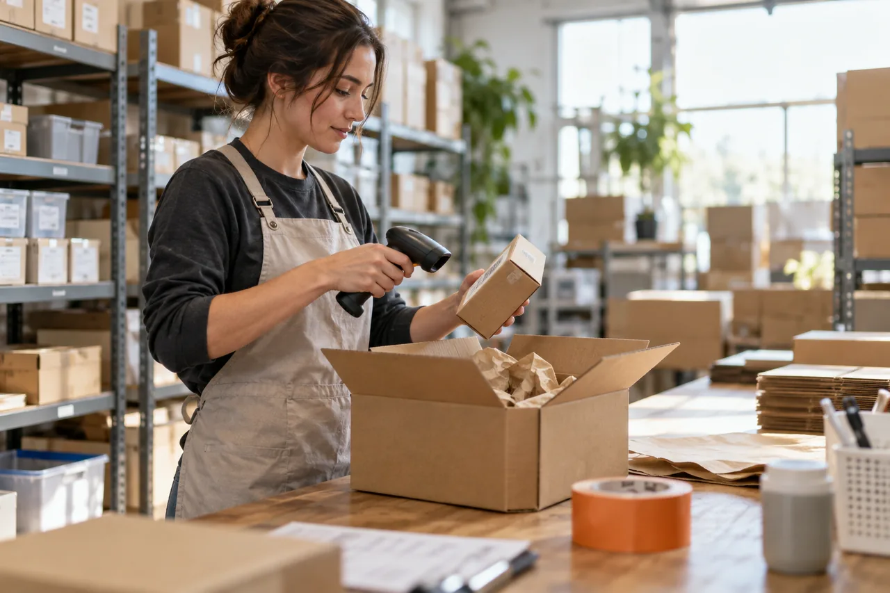 Illustrative generated scene of a fulfillment worker scanning a carton beside prepared orders; not a FactoryJet client photograph