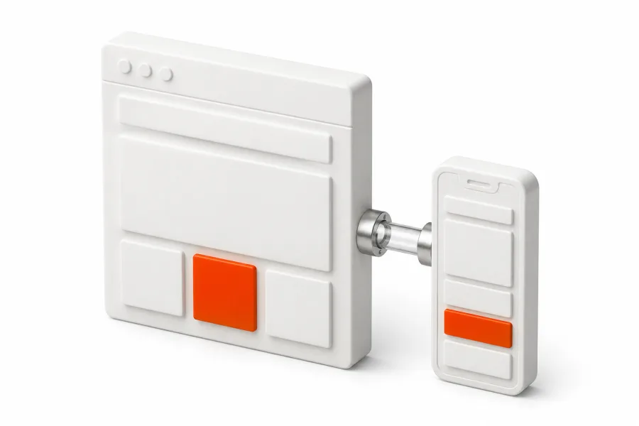 AI-generated model of responsive website design: a white web page layout connected to a matching phone layout by a glass tube