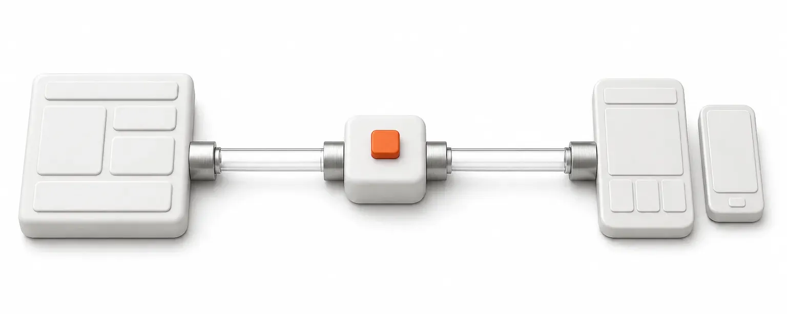 AI-generated model of an older web page connected through a checkpoint with an orange button to a new web page and phone layout