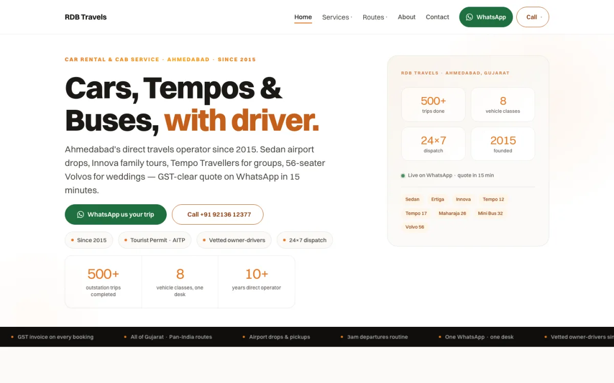 RDB Travels website home page on desktop, showing the fleet and the WhatsApp quote button