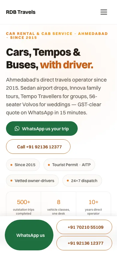 RDB Travels website on a phone, with the sticky WhatsApp and call bar