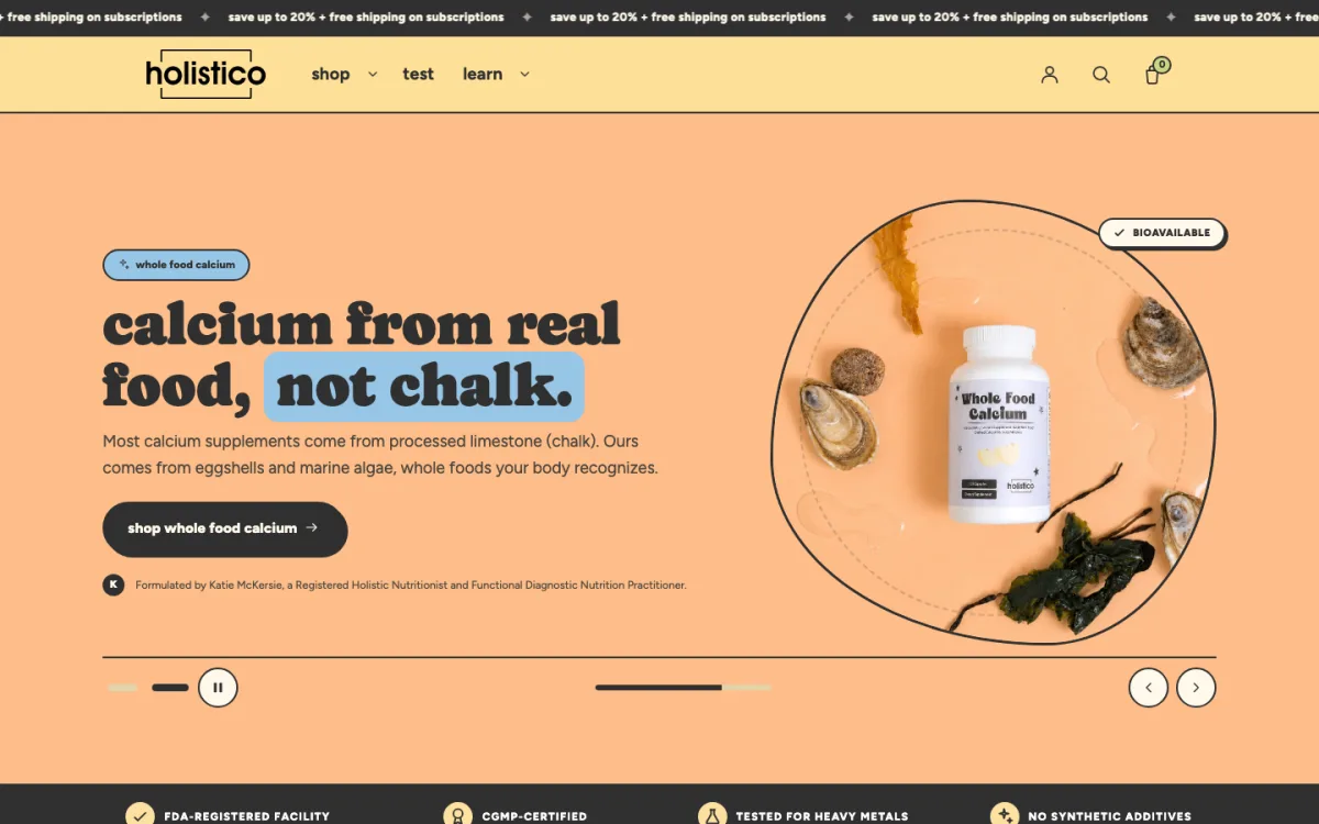 Shopholistico homepage on desktop, a Shopify store for whole-food supplements